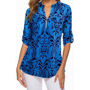 Women's V Neck Zip Cuffed Sleeve Flowy Work Tunic Tops Shirts Blouse